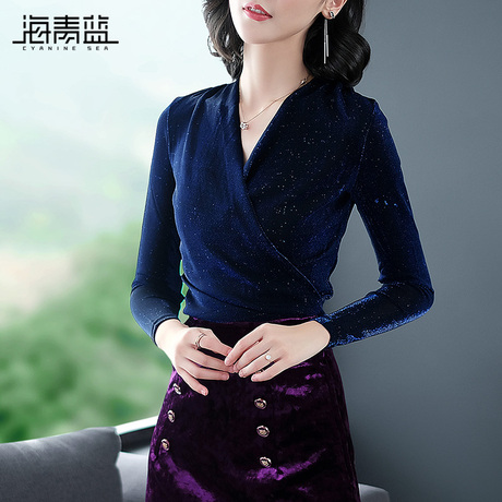 海青蓝2018秋季新款女装v领长袖修身显瘦时尚亮丝打底衫上衣04794商品大图