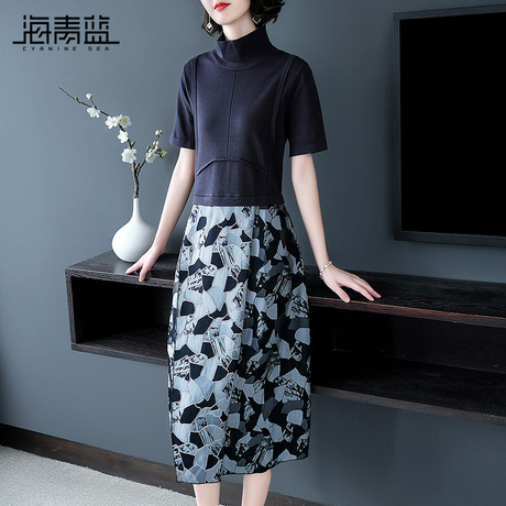 海青蓝2018秋装新款女时尚短袖假两件拼接印花中长款连衣裙05120商品大图