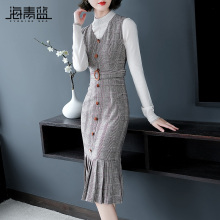 海青蓝2018秋装新款女v领无袖修身中长款格子包臀鱼尾连衣裙05146图片