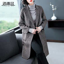 海青蓝2018秋装新款女时尚宽松毛呢外套中长款双面呢子大衣04147图片