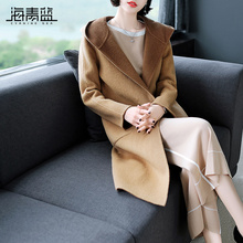 海青蓝2018冬装新款女双面呢子连帽大衣长袖中长款毛呢外套04008图片