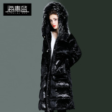 海青蓝冬装女2018新款中长外套时尚宽松黑色帽子毛领羽绒服06066图片