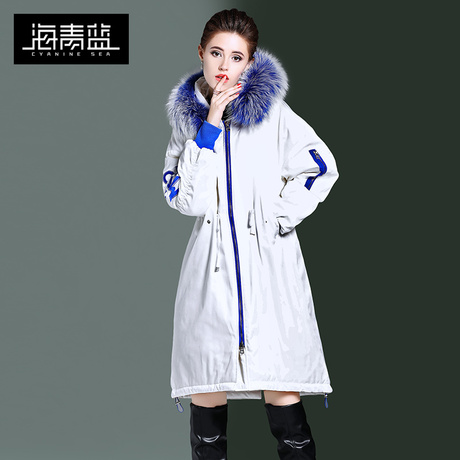 海青蓝冬装2018新款女装时尚连帽毛绒中长款显瘦保暖羽绒服06041商品大图
