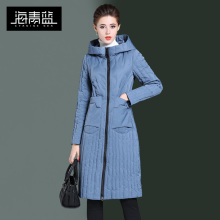 海青蓝2018冬装新款女装蓝色连帽修身时尚中长款轻薄羽绒服06048图片