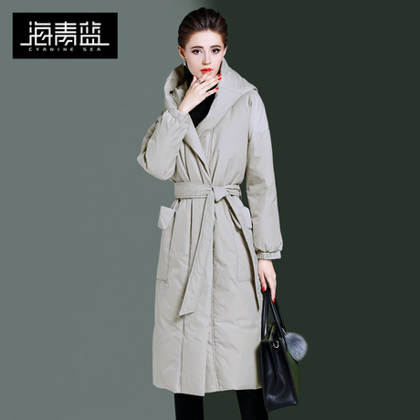 海青蓝冬装女2018新款时尚长袖系带中长款加厚保暖羽绒服潮06053商品大图
