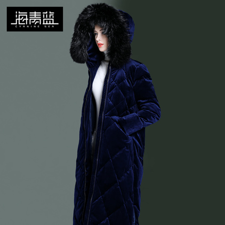 海青蓝冬装女2018新款时尚毛绒连帽长袖过膝保暖百搭羽绒服06361商品大图