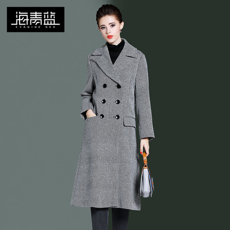 海青蓝2018冬装新款女时尚长袖撞色毛呢外套休闲中长款大衣06518商品大图