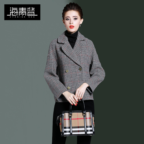 海青蓝2018冬装新款短款羊毛大衣女格子毛呢时尚休闲外套06343商品大图
