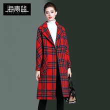 海青蓝2018冬季新款羊绒大衣女红色格子复古时尚毛呢长外套06324图片