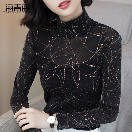 海青蓝2018秋冬新款针织打底衫女半高圆领长袖性感内搭毛衣06433商品大图