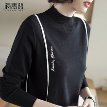 海青蓝2018秋冬新款毛衣女黑色半高领长袖气质短款针织衫06448图片
