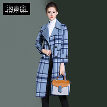 海青蓝2018秋冬新款女时尚翻领羊毛外套中长款格子毛呢大衣06333图片