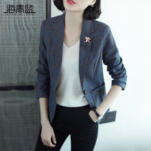 海青蓝外套秋女2018新款时尚气质长袖修身格纹短款小西装潮06828图片
