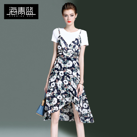 海青蓝2018夏季新款女装欧美时尚宽松收腰印花气质a字连衣裙03052商品大图