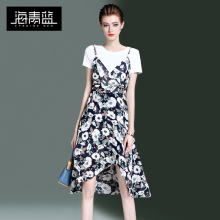 海青蓝2018夏季新款女装欧美时尚宽松收腰印花气质a字连衣裙03052图片