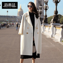 海青蓝秋冬女2018新款欧美时尚外套纯色宽松西装领呢子大衣06180图片