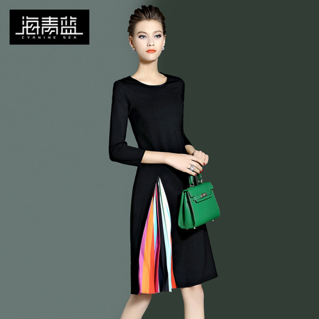 海青蓝2018秋装新款女黑色圆领收腰修身时尚拼接条纹连衣裙05036商品大图