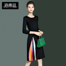 海青蓝2018秋装新款女黑色圆领收腰修身时尚拼接条纹连衣裙05036图片
