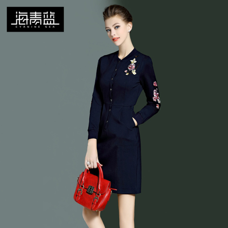 海青蓝2018秋装新款女优雅气质长袖收腰修身显瘦短款连衣裙05014商品大图