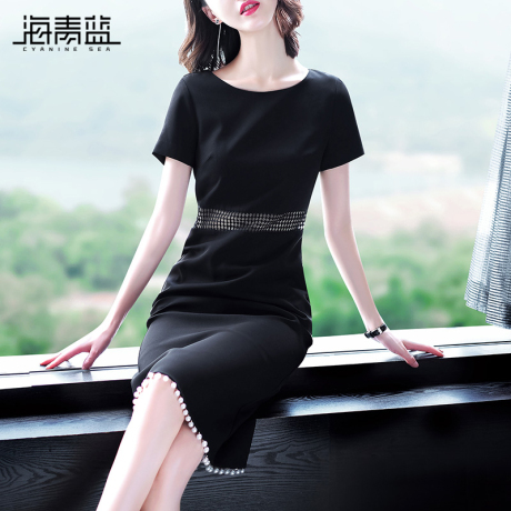 海青蓝2018夏季新款女装圆领短袖镂空钉珠修身中长款连衣裙03815商品大图