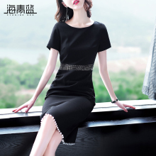 海青蓝2018夏季新款女装圆领短袖镂空钉珠修身中长款连衣裙03815图片