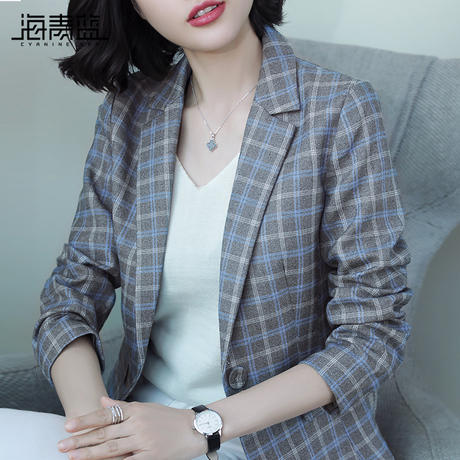 海青蓝2018秋季新款时尚西装领长袖修身显瘦格纹百搭外套女06825商品大图