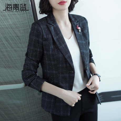 海青蓝秋装女2018新款修身短款上衣时尚百搭格纹小西装外套06826商品大图