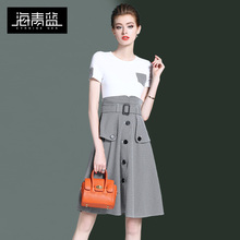 海青蓝2018夏季新款女时尚短袖拼接假两件修身格子连衣裙潮02874图片