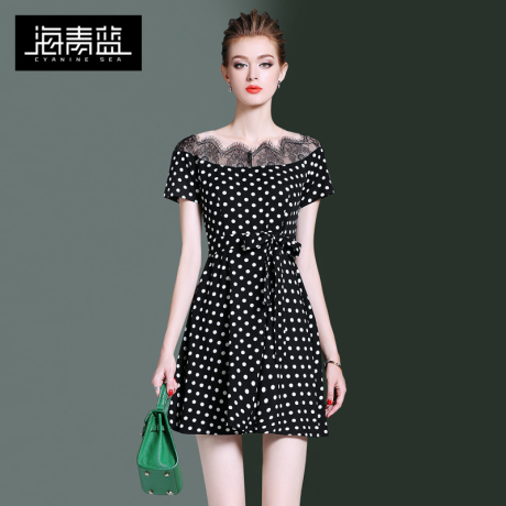 海青蓝连衣裙女夏2018新款气质小黑裙时尚蕾丝波点高腰裙子03178商品大图