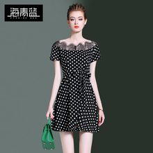 海青蓝连衣裙女夏2018新款气质小黑裙时尚蕾丝波点高腰裙子03178图片