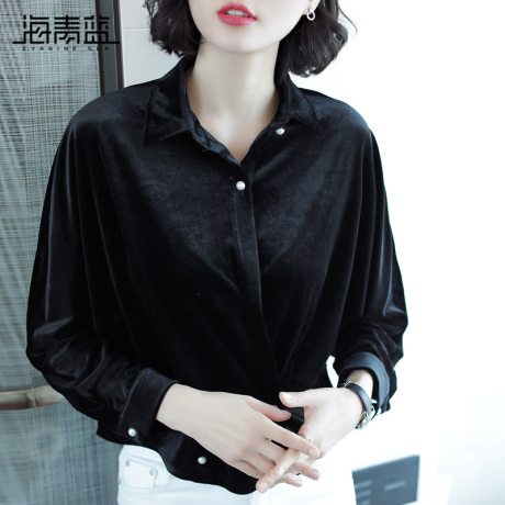 海青蓝2018秋季新款时尚黑色长袖宽松显瘦休闲百搭打底衫女06809商品大图