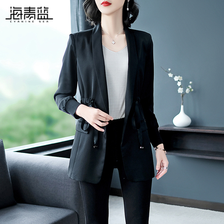 海青蓝2018秋季新款时尚长袖西装领修身显瘦休闲系带外套女05760商品大图