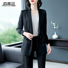 海青蓝2018秋季新款时尚长袖西装领修身显瘦休闲系带外套女05760图片