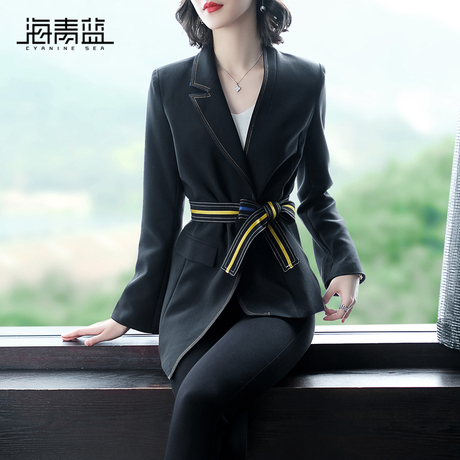 海青蓝2018秋装新款女时尚气质黑色长袖系带休闲ins西装外套05768商品大图