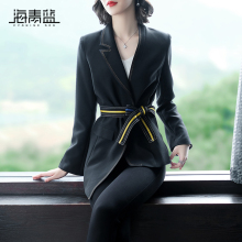 海青蓝2018秋装新款女时尚气质黑色长袖系带休闲ins西装外套05768图片