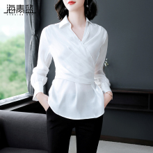 海青蓝2018秋季新款女装时尚长袖翻领修身显瘦系带白色衬衫05401图片