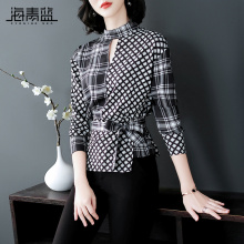 海青蓝2018秋季新款女装时尚长袖半高领修身系带气质雪纺衫06544图片