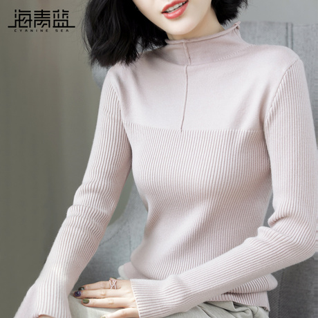 海青蓝2018秋季新款时尚半高领长袖修身显瘦百搭毛针织衫女08974商品大图