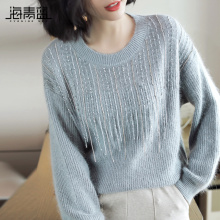 海青蓝2018秋冬新款女圆领长袖流苏超火毛衣修身套头针织衫08970图片
