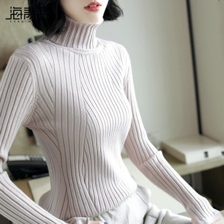 海青蓝2018秋季新款时尚高领喇叭袖修身显瘦百搭毛针织衫女08973商品大图