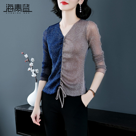 海青蓝2018秋季新款时尚V领长袖修身显瘦撞色拼接针织衫女装09079商品大图