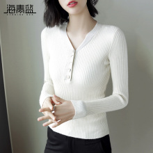 海青蓝2018秋装新款女V领长袖修身针织衫套头ins超火的毛衣09205图片