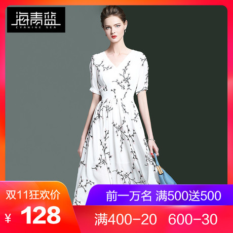 海青蓝2018春夏新款时尚绣花气质收腰V领五分袖大摆连衣裙女00516商品大图