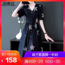 海青蓝2018夏季新款女装时尚纽扣V领短袖高腰显瘦气质连衣裙03910图片