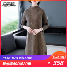 海青蓝2018秋装新款女装时尚气质半高领长袖开叉针织连衣裙04114图片