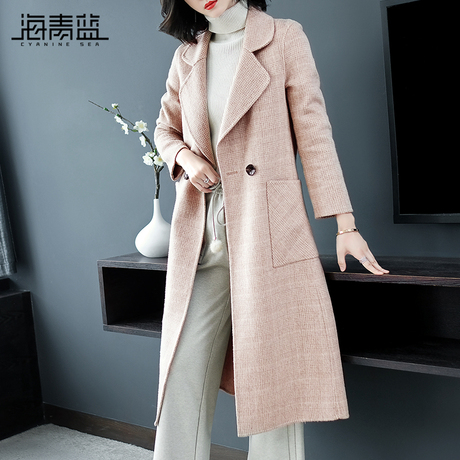 海青蓝2018秋季新款时尚翻领长袖修身显瘦中长款毛呢外套女09112商品大图