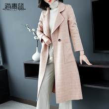 海青蓝2018秋季新款时尚翻领长袖修身显瘦中长款毛呢外套女09112图片
