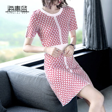 海青蓝2018夏季新款女圆领短袖收腰拼接修身短款格子连衣裙02641图片