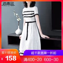 海青蓝2018夏季新款女装圆领短袖镂空蕾丝拼接中长款连衣裙03875图片