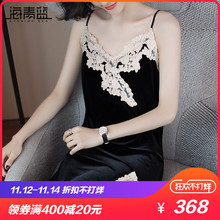 海青蓝2018秋装新款女蕾丝拼接开叉黑色性感吊带打底连衣裙05181图片
